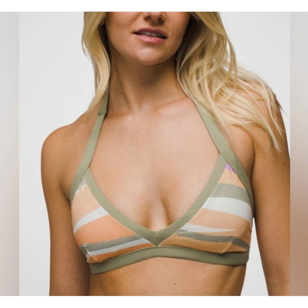 Prana Bikini Top Large Sunset Scene Halter Swimsuit Bathing Suit Green Orange
